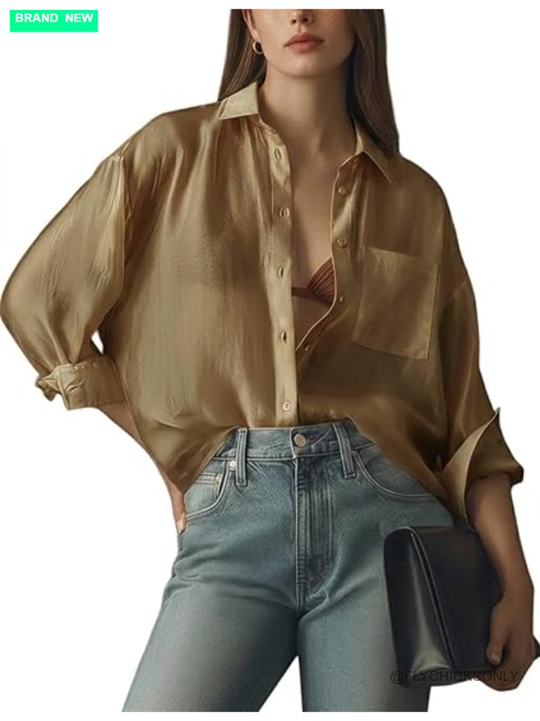 Sheer Mesh Long Sleeve Button Down Blouse Oversized Fit
